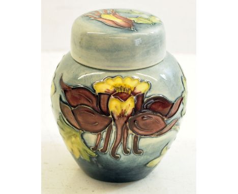 A Moorcroft Columbine pattern Ginger Jar on a light blue ground.  4 ½" (11cms) high.