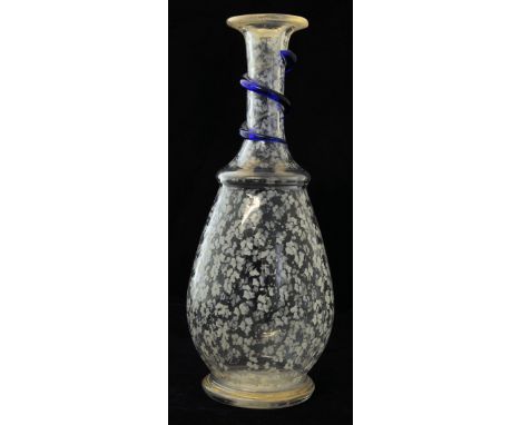 *  A pear shape glass Decanter painted with leaves, the neck with an applied blue glass entwined serpent, the base with trace