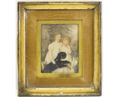 *  English School circa 1820, Portrait of Lucy and Isabella Sykes as children with a black retriever, inscribed verso, in a g