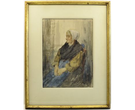 *  WILLIAM LEE HANKEY (1869-1952); Portrait of Madame René seated, three quarter length, wearing a white bonnet and blue apro