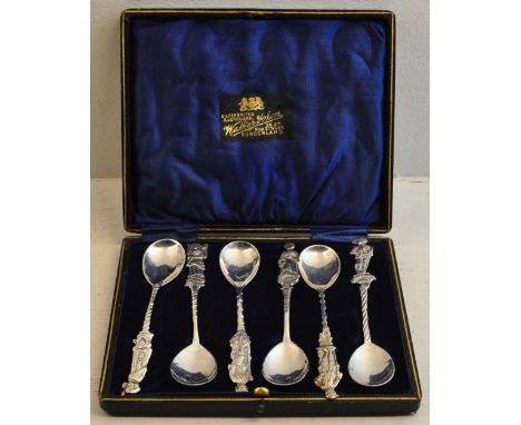 A set of six 19th Century Continental silver Spoons, each with a different figure finial and with import marks for London, 18