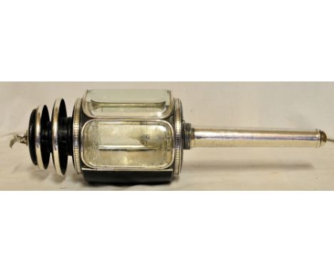 A Victorian black Japanned and silver plated Carriage Lamp of cylindrical design with etched bevelled glass plates and eagle 