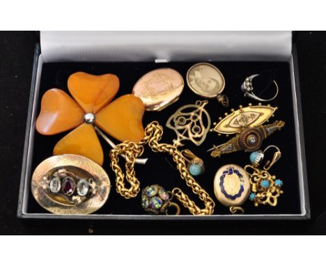 A Victorian oval gilt stone set Brooch, oval bar brooch set with seed pearls, gilt and blue enamel locket and other items.