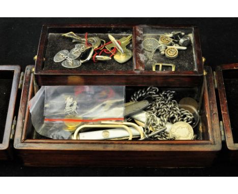 A small cantilever Jewellery Box and Contents including silver and mother of pearl fruit knife, silver and mother of pearl fo