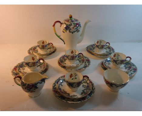 A Royal Cauldon Victoria pattern Coffee Set comprising six coffee cups and saucers, six plates, coffee pot, cream jug and sug