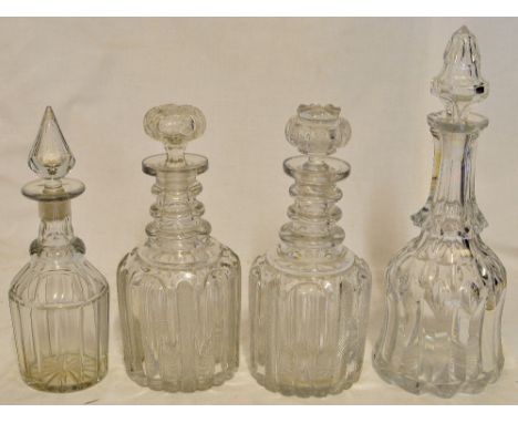 *  A pair of Regency triple ring neck glass Decanters, (stoppers not matching), a 19th Century mallet shape decanter and one 