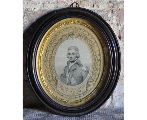 *  A black and white engraved oval Portrait of Rear Admiral Lord Nelson, the surround painted in Watercolour and in a gilt an