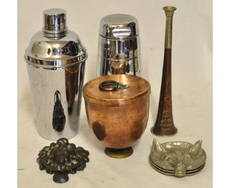 *  A copper Hunting Horn by Butler, Haymarket, London, brass lion mask door knocker, two chromium plated cocktail shakers etc