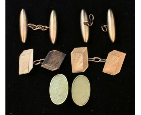 A pair of 9ct engraved gold oblong Cufflinks, a pair of gold baton Cufflinks (a/f) and a single gold Cufflink, 19 grams.