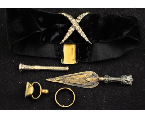 A velvet Choker with silver gilt clasp, black enamel Ring, Fob Pencil, trowel shape Bookmark, and other items.
