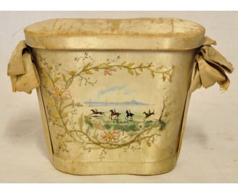 *  A silk covered Binocular Case painted with racehorses within a needlework surround.  6" (15cms) high.