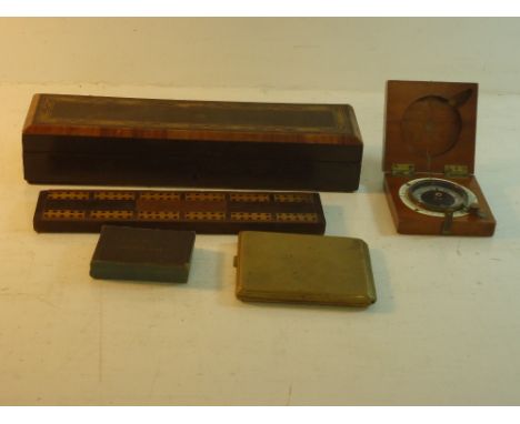A WWI Compass inscribed Francis Manufacturing Company, 1918, a wooden cribbage marker, an inlaid wooden pencil case etc.