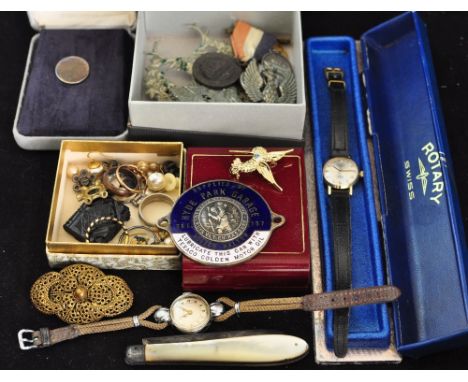 A ladies Rotary Wristwatch, a Victorian silver bladed and mother of pearl fruit knife, a quantity of assorted costume jewelle