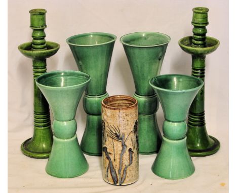 *  A pair of Studio pottery green glazed Vases by Jane Cox, 12" (31cms) high, another pair similar, 9" (23cms) high, a Brigli