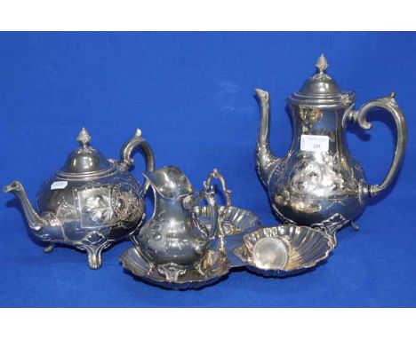 SILVER PLATED THREE PIECE TEA SERVICE 
together with a silver plated bon bon dish and silver plated salt and pepper shakers 