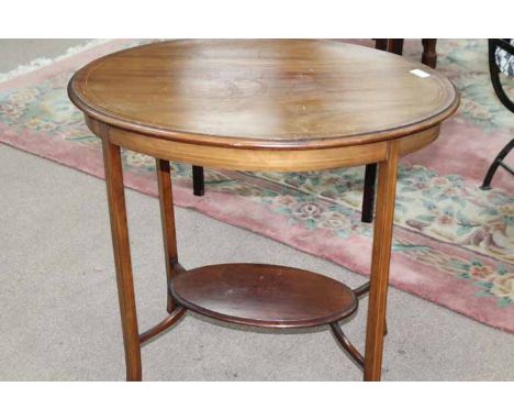 EDWARDIAN MAHOGANY LINE INLAID OVAL OCCASIONAL TABLE
on four tapering square legs with x stretcher supporting a lower shelf, 