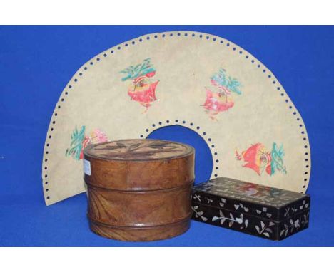 CHINESE MOTHER OF PEARL INLAID BOX AND A JAPANESE WOODEN COLLAR BOX
along with a painted lamp shade (flat)