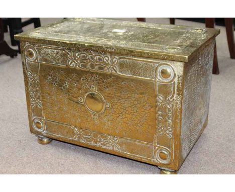 ARTS AND CRAFTS-STYLE EMBOSSED BRASS COAL DEPOT
with Celtic knot designs 