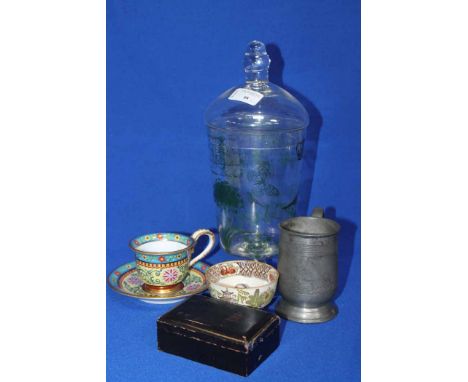 DRESDEN CUP AND SAUCER
along with another teabowl, pewter goblet, lidded glass with French inscription, two small Chinese Bud