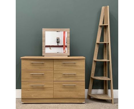 MODERN LIGHT OAK EFFECT BEDROOM CHEST with six drawers, a similar style corner bookshelf, 176 (h) x 39 (w) x 39cms (d) and a 