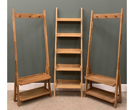 MODERN LIGHT OAK HALL STANDS (2), 184 (h) x 70 (w) x 33cms (d) and a wall leaning shelf, 183 (h) x 60 (w) x 40cms (d)Provenan