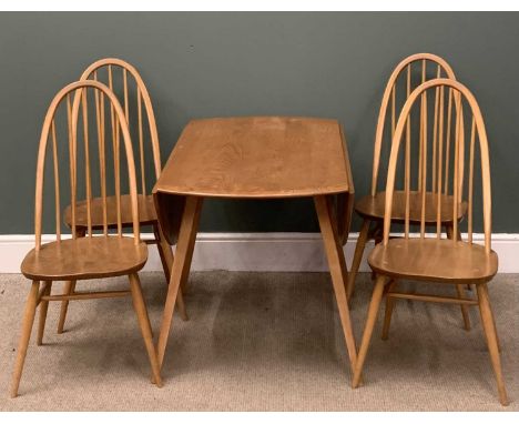LIGHT ERCOL DROP-LEAF BREAKFAST TABLE, 71 (h) x 65/124 (w) x 125cms (d) and four hoop and stick back chairsProvenance: privat