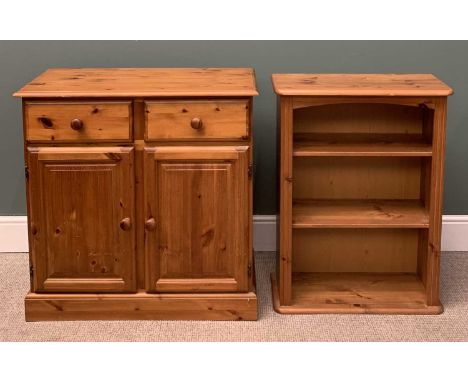 MODERN PINE CUPBOARD with two doors and two drawers, 91 (h) x 89 (w) x 43cms (d) and a narrow three shelf bookcase, 90 (h) x 