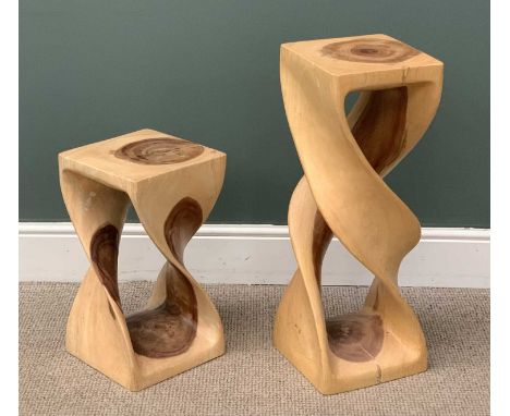 CONTEMPORARY LIGHTWOOD RUSTIC PLANTER STANDS (2), twist effect, labelled PLT, 70 (h) x 27.5 (w) x 27.5cms (d) the tallestProv