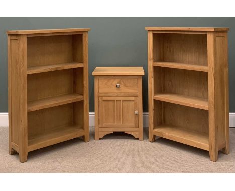 MODERN LIGHT OAK BOOKCASES a pair, labelled 'Julian Bowen', 120 (h) x 80 (w) x 30cms (d) and a similar style small cupboardPr