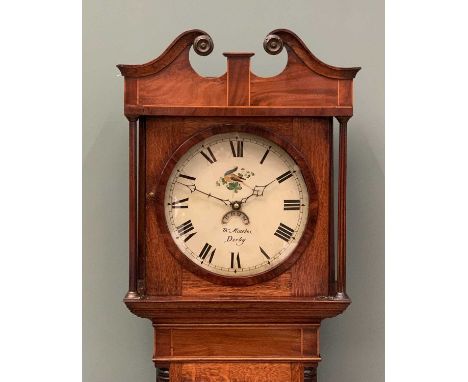 19TH CENTURY OAK & MAHOGANY LONGCASE CLOCK, Thomas Mawkes of Derby, with swan neck pediment, inlay to the trunk with one weig