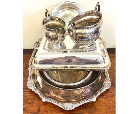 WALKER &amp; HALL CREAM JUG AND SUCRIER, PLATED ENTREE DISH PLUS FOUR OTHER ITEMS, BOWLS, TRAY, ETC
