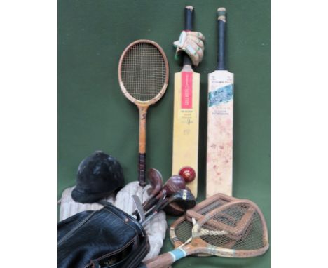 Parcel of various sporting equipment including Cricket bats, Tennis rackets, Golf clubs etc
All in used and worn attention, b