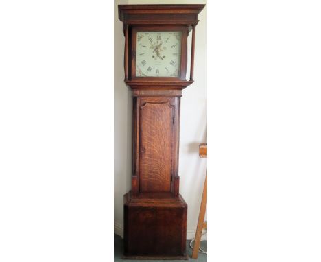 Oak longcase clock with handpainted and enamelled dial, by W. Gosten, Kirkham. Approx. 203cm H
Used condition, scuffs and scr
