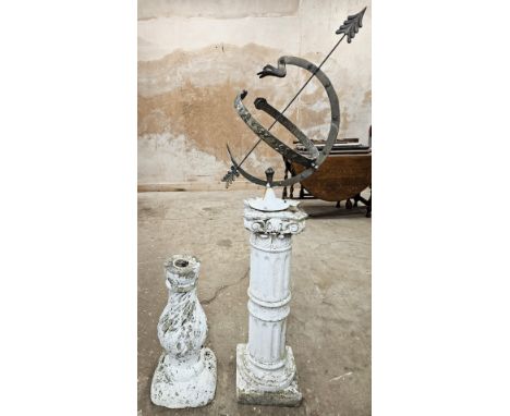 Decorative stoneware column with mounted brass sundial to top. Also another stoneware stand. Larger Approx. 148cms
used with 