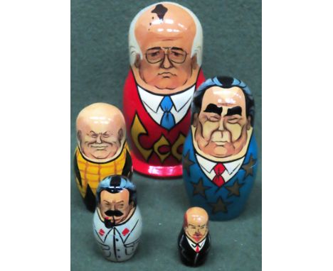Vintage set of hand decorated graduated Russian nestling political related dolls. Also Noritake vase, Art Deco style figure, 