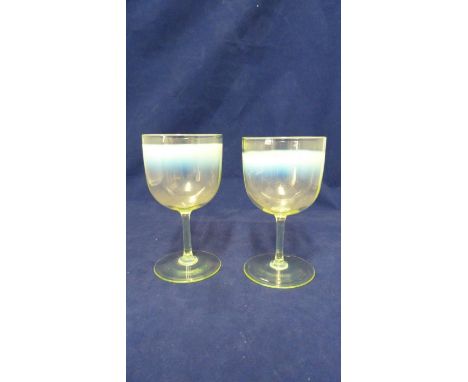 Harry Powell for James Powell &amp; Sons, Whitefriars Ltd - a pair of straw opal wine glasses, c 1890, 12cm high (2) ** shape
