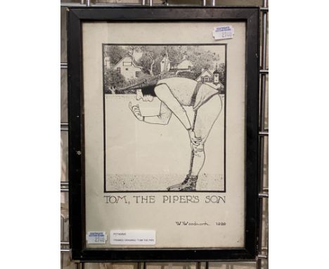 FRAMED DRAWING ''TOM THE PIPERS SON'' BY W.WOODNORT 1929 0 AWARDED 2ND PRIZE, WHITEHAVEN ROTARY CLUB - 30 X 23.3 CMS APPROX