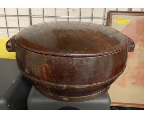 CHINESE VINTAGE WOODEN RICE CONTAINER WITH CARVED HANDLES - 20 CMS (H) APPROX
