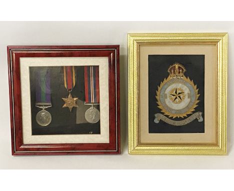 FRAMED SERVICE MEDALS WITH FRAMED SQUADRON ROYAL AIR FORCE PATCH