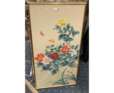 ORIENTAL VINTAGE FLORAL PAINTING ON SILK - 114 X 61 CMS OUTER FRAME APPROX