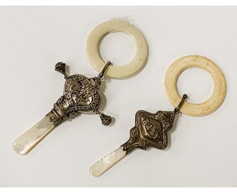 TWO VICTORIAN SILVER MOTHER OF PEARL TEETHING RATTLES