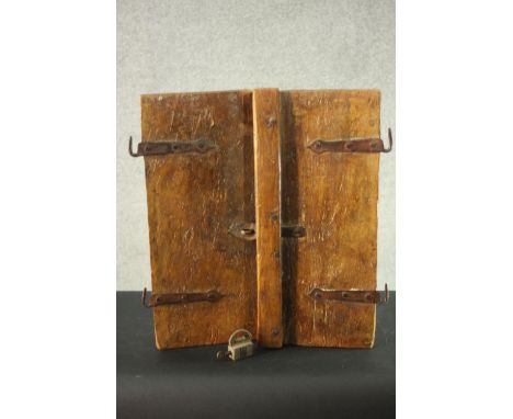 A 19th century Indian painted and carved panelled door in a frame and a similar pair of doors. H.48 W.40cm. 