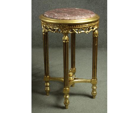 Urn stand or lamp table, Louis XVI style carved giltwood with marble top. H.72 W.46cm. 