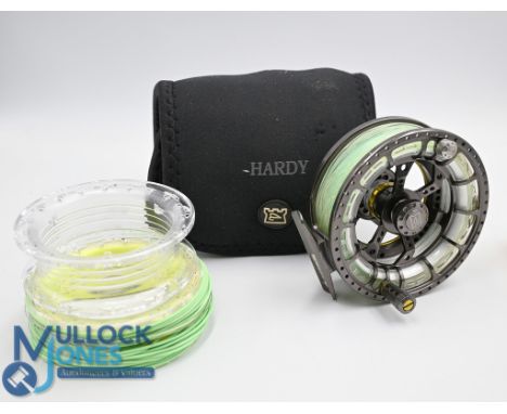 Hardy ASR 5000 Ultralite large arbor fly reel and 2x Cassettes (3) the reel marked 01A17HK to foot, counter balance weight, r