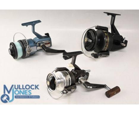 Daiwa SS2000 spinning reel, metal spool, folding handle, a Daiwa DF100 saltwater reel, lacking handle, and an Olympic EX4500 