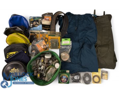 Fishing Tackle and Accessories, a mixed lot to include reel bags, vintage Maxine plastic. cotton trousers S, Istex elasticate