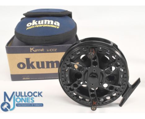 Okuma "The Kennet" K1002 alloy centre pin trotting reel, 4 ½" spool with twin handles, on/off check, full line guide, in orig