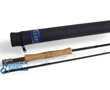 Greys hand built in Alnwick G P R L carbon fly rod 10ft 2pc line 5#, alloy uplocking reel seat with wood insert, lined stripp