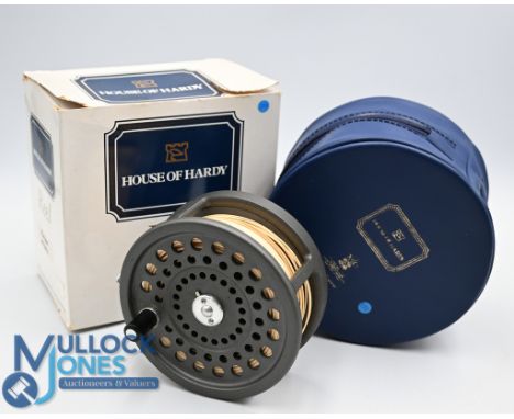 Hardy Marquis #9/10/11 wide drum salmon fly reel, 4 1/8" diameter, rear drag check adjuster, as new with line, in maker's zip