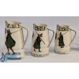 Royal Doulton Isaac Walton Ware Milk Jugs: three graduated jugs sized 15cm-18.5cm tall, painted